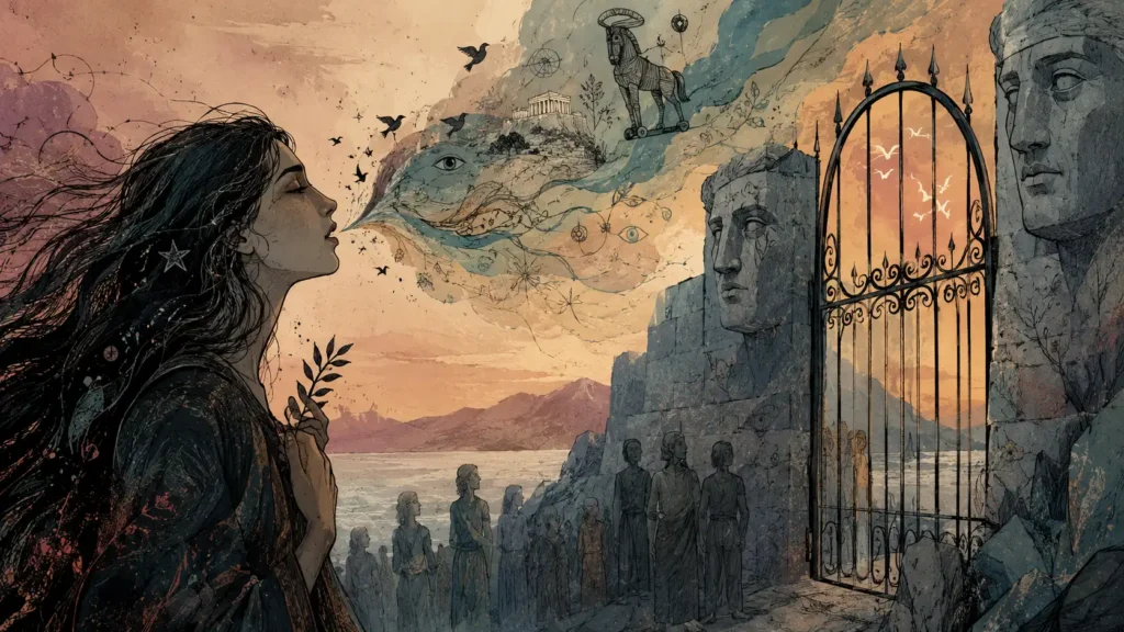 A surreal illustrated landscape inspired by myth and prophecy. On the left, a dark-haired woman stands in profile with her eyes closed, appearing calm yet resolute as abstract symbols, birds, eyes, and fragments of imagery flow from her mouth like drifting visions. On the right, towering stone faces and an ornate gate loom over a small crowd gathered below, evoking themes of judgment, exclusion, and hidden truth. In the sky, dreamlike symbols and ancient imagery blend into swirling clouds above a distant mountainous coastline at sunset. The overall atmosphere is mystical, melancholic, and reflective, with soft painterly textures and muted earthy tones.