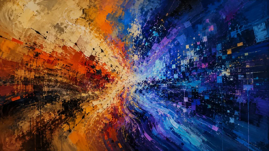Abstract expressionist digital painting in a wide landscape format, split between warm organic tones on the left and cool digital blues and purples on the right. Chaotic painterly brushstrokes, splattered textures, and flowing streams of colour collide and merge at a bright central burst of light. The left side evokes traditional art and raw emotion through earthy oranges, reds, and creams, while the right side suggests digital technology and AI through pixel-like fragments and geometric patterns. The overall composition conveys tension, convergence, and transformation between human creativity and technological evolution.