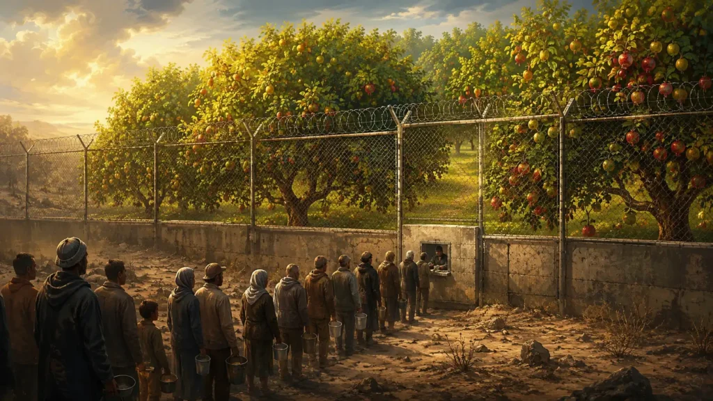 A painterly illustration of a barren wasteland where people queue with buckets beside a fenced orchard overflowing with fruit. Behind barbed wire, the orchard glows with warm sunlight and abundance, contrasting sharply with the dry, desolate ground outside the fence.