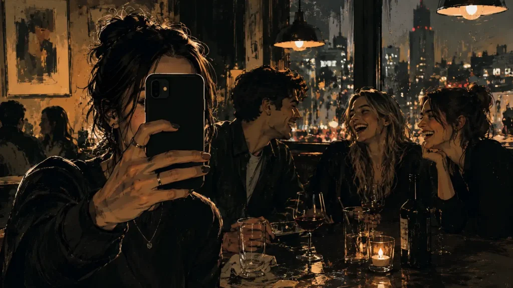 An illustrated nighttime café or bar scene in warm amber tones. In the foreground, a woman takes a selfie with her phone partially covering her face, while behind her a group of friends laugh and talk around a table with drinks and candlelight. Large windows reveal a glowing city skyline at night. The contrast between the isolated act of taking the selfie and the genuine social interaction happening nearby creates a reflective, slightly melancholic atmosphere.