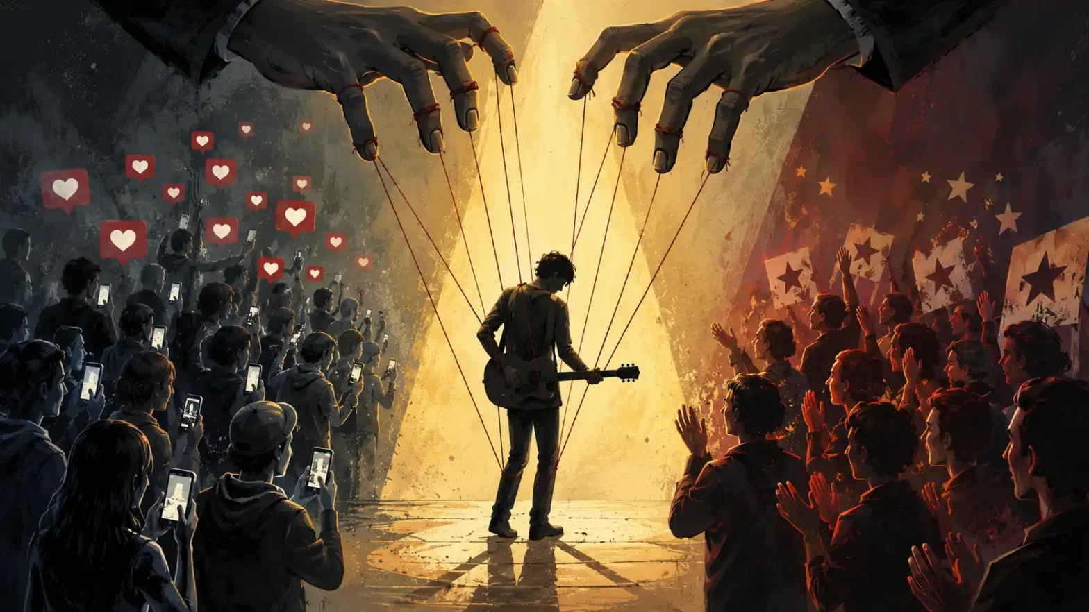 An illustrated, theatrical scene showing a lone guitarist standing under a spotlight while suspended by puppet strings controlled by enormous hands above. On one side, a cold blue-toned crowd stares at glowing smartphones surrounded by floating social media heart icons. On the other side, a warm red-toned audience cheers and applauds enthusiastically. The image symbolizes the tension between artistic integrity, audience expectation, performance, and manipulation within modern creative culture.