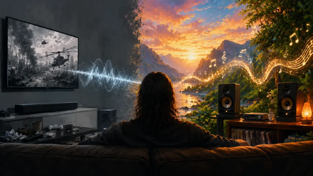 Illustrated 16:9 digital artwork showing a long-haired man sitting on a sofa between two contrasting audio worlds. On the left, a dull grey living room with a television and soundbar displays a chaotic war scene with cold, artificial soundwaves. On the right, vibrant studio monitors project glowing golden music into a colourful, dreamlike landscape of mountains, rivers, and sunset skies. The contrast symbolises the difference between artificial sound and emotionally truthful audio reproduction.