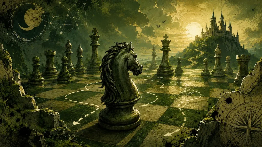 A surreal fantasy illustration of a giant black knight chess piece standing alone on a vast moss-covered chessboard beneath an earthy green sky. White movement trails curve across the board in indirect paths around the knight, while other oversized chess pieces stand scattered in the distance. Far beyond the board, a glowing castle rises atop a hill under a pale sun. The image blends gothic atmosphere, symbolic journey imagery, and dreamlike textures with celestial diagrams and ink-like markings around the borders.
