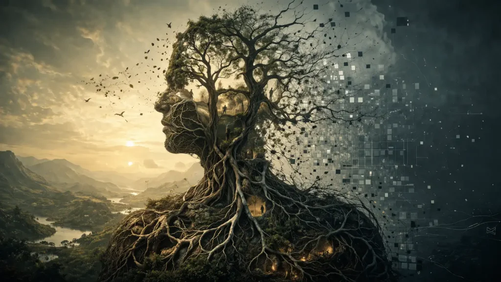 Surreal landscape of a human-shaped figure formed from tree roots, blending into a digital grid on one side, symbolising identity and lived experience.