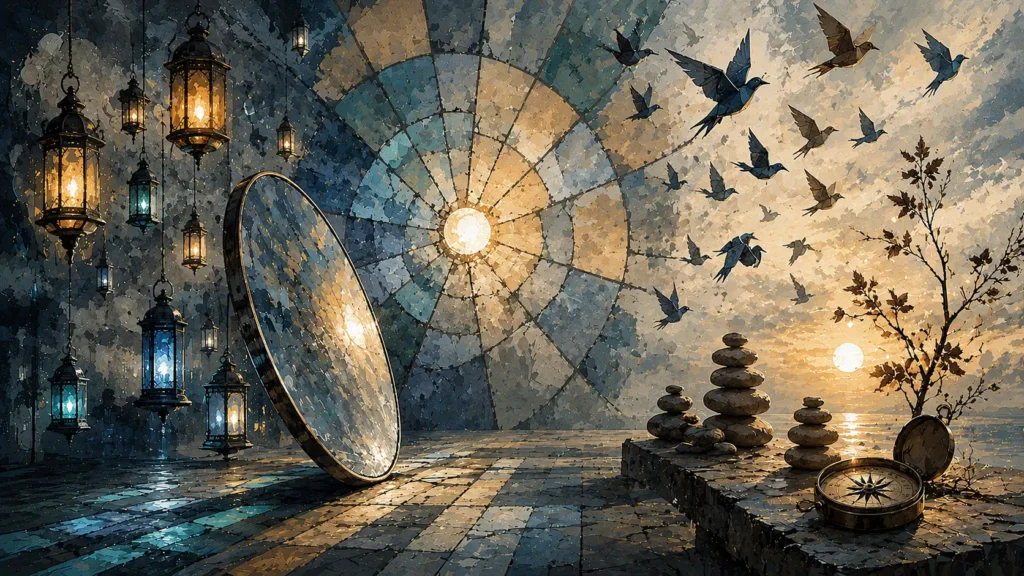 A surreal illustrated landscape in muted blue and gold tones featuring a large circular stained-glass mandala glowing softly in the background. In the foreground, an oversized reflective mirror leans against the floor beneath hanging lanterns that emit warm light. Birds fly across a pale sunset sky above stacked stone cairns, a small tree with autumn leaves, and an antique compass resting near the water’s edge. The scene has a textured, mosaic-like painterly style and evokes themes of reflection, perspective, balance, and inner navigation.