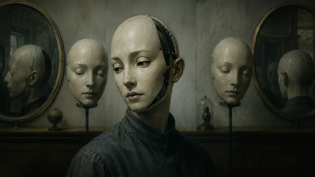 An illustrated surreal scene showing a human-like figure with a pale mask-like face partially opened to reveal a mechanical interior. Around them stand several mannequin heads on display, while mirrors in the background reflect distorted and incomplete views of the room. The muted colours and gallery-like setting create an uncanny atmosphere that feels both familiar and subtly unsettling.